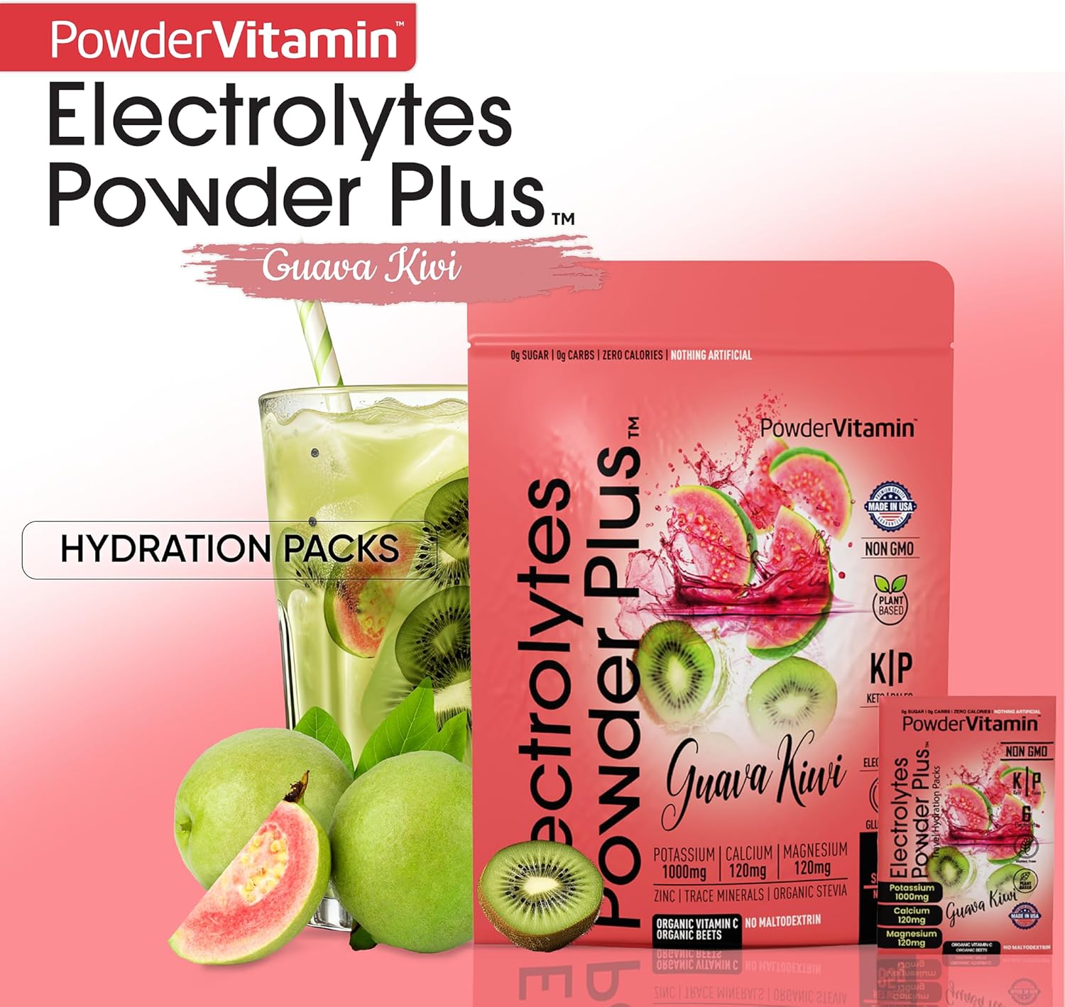 PowderVitamin Electrolytes Powder Plus, Keto, Guava Kiwi, Sugar Free, Pink Himalayan Salt, 1000mg Potassium, 120mg Calcium, 120mg Magnesium, Non-GMO, Zero Calories, (16 Hydration Packets)