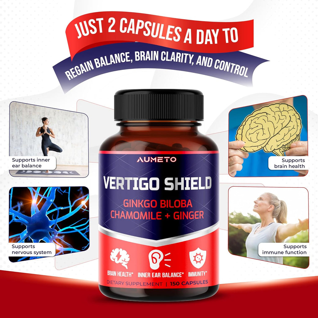 Vertigo Support Complex with Ginkgo Biloba, Chamomile, Ginger, Vitamin D3, B12 - Advanced 14-in-1 Formula for Spinning Dizziness Inner Ear Balance* - Made in The USA