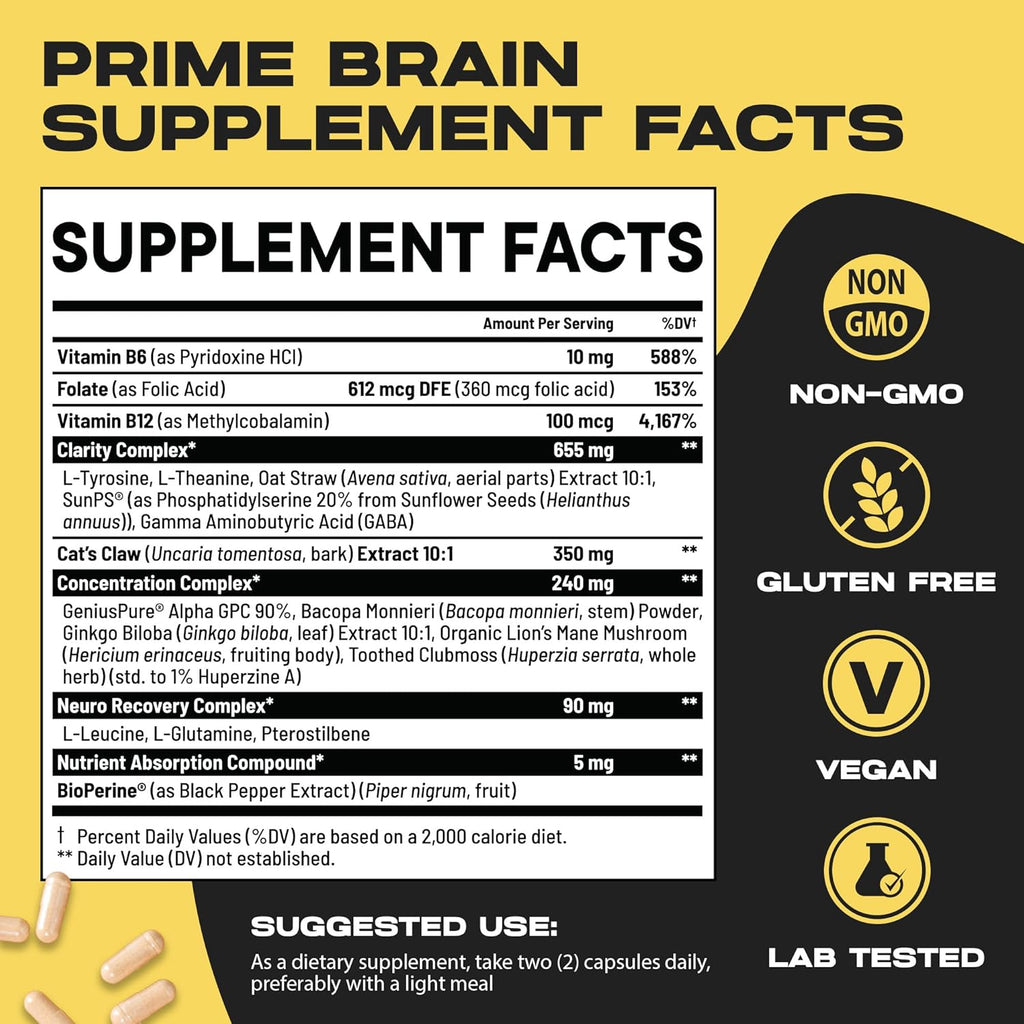Prime Brain Nootropic Supplement | Supports Memory, Mental Focus, Cognitive Health & Energy | Promotes Healthy Mood & Brain Function | Ginkgo Biloba, Lion's Mane & L Theanine | 30 Capsules