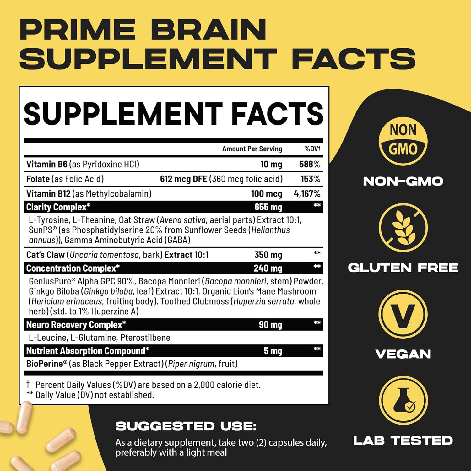 Prime Brain Nootropic Supplement | Supports Memory, Mental Focus, Cognitive Health & Energy | Promotes Healthy Mood & Brain Function | Ginkgo Biloba, Lion's Mane & L Theanine | 60 Capsules