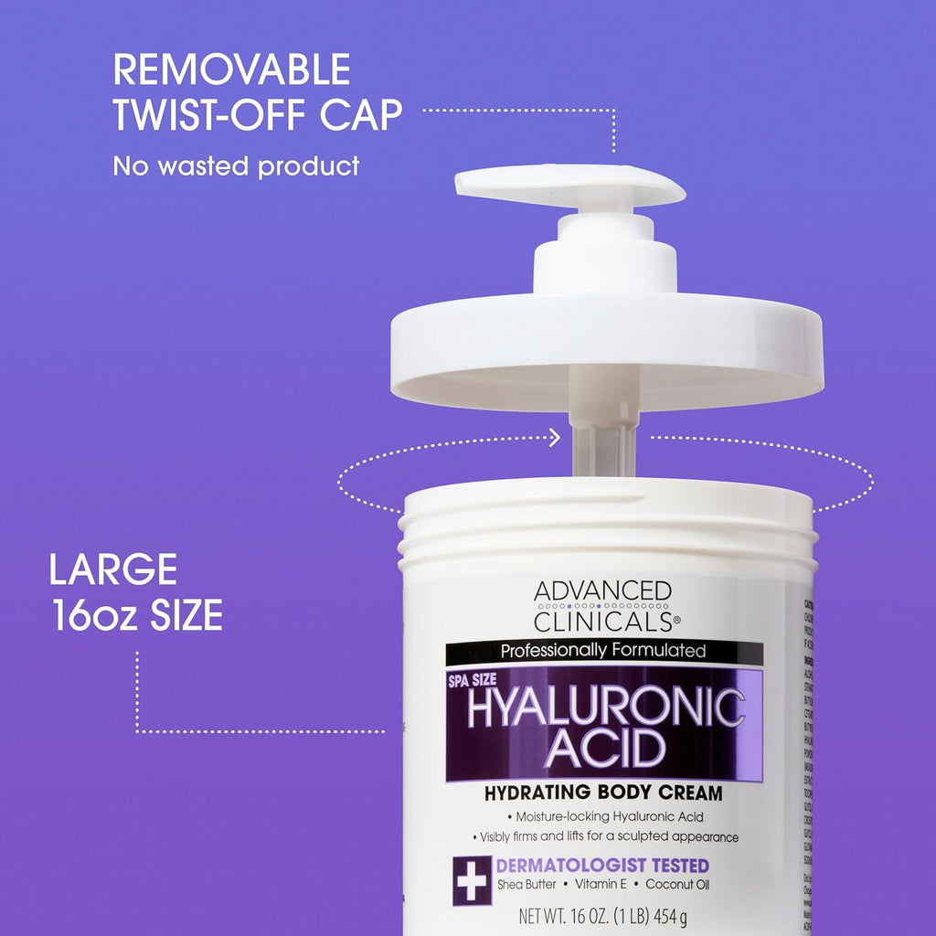 Advanced Clinicals Hyaluronic Acid Moisturizer Body Cream W/Vitamin E | Hydrating Cream & Body Lotion For Women & Men To Help Improve Look of Wrinkles, Dry Skin, Crepey Looking Skin, W/Travel Size