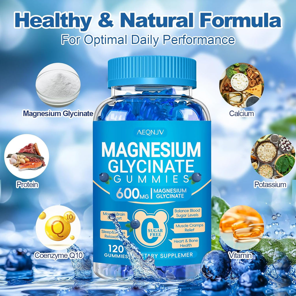 Magnesium Glycinate Gummies 600mg, Chewable Sugar Free Potassium Magnesium Gummies with Manganese Glycinate, Vitamin D, B6, and CoQ10 for Calm Support & Sleep for Adults, 60 Days Supply