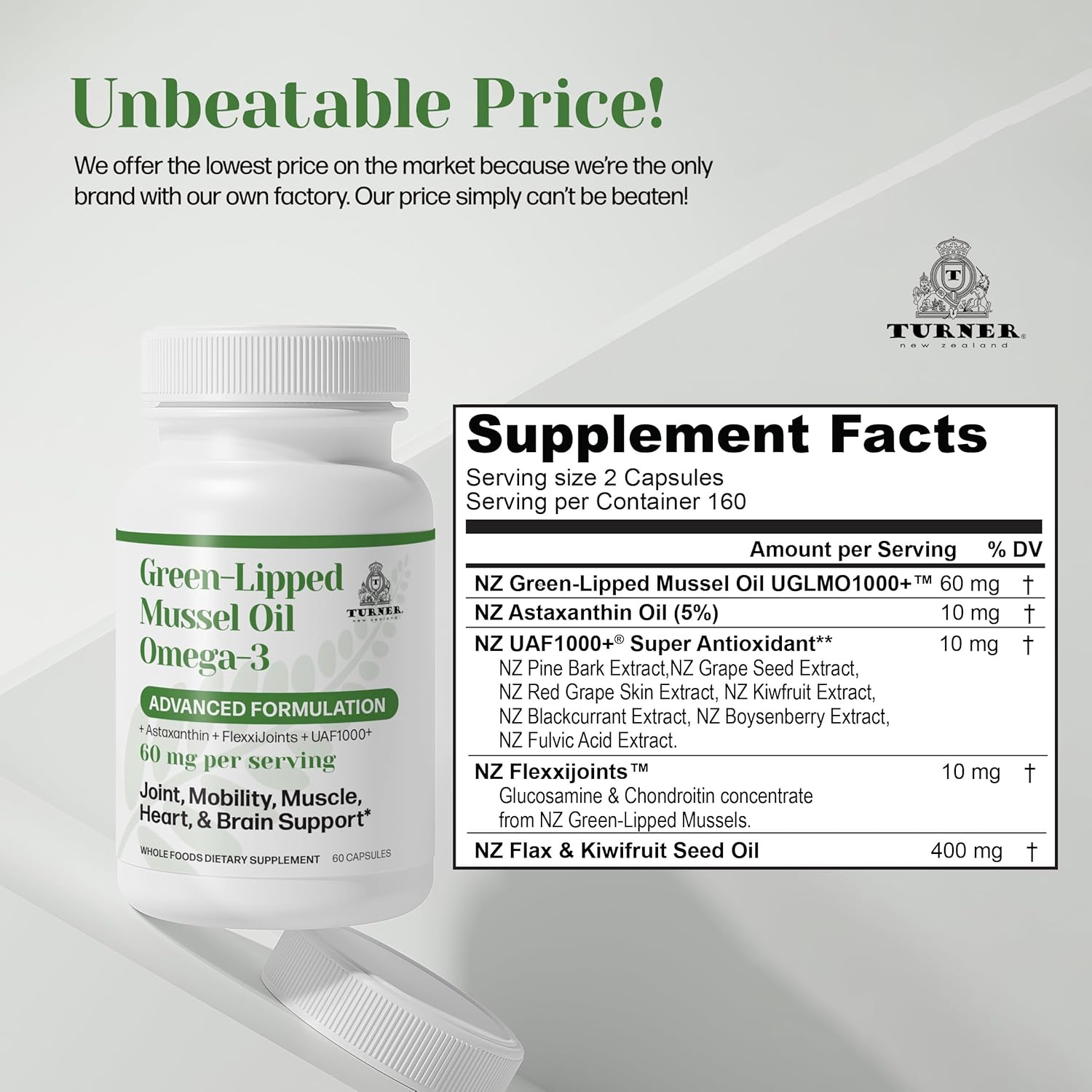 TURNER New Zealand Green Lipped Omega-3 Mussel Oil, 53x Higher Potency with UAF1000+ Super Antioxidant for Superior Joint Comfort & Mobility, No Fishy Aftertaste, 1 Bottle, 120 Softgels