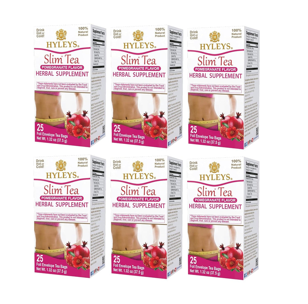 Hyleys Slim Tea Pomegranate Flavor - Weight Loss Herbal Supplement Cleanse and Detox - 25 Tea Bags (6 Pack)