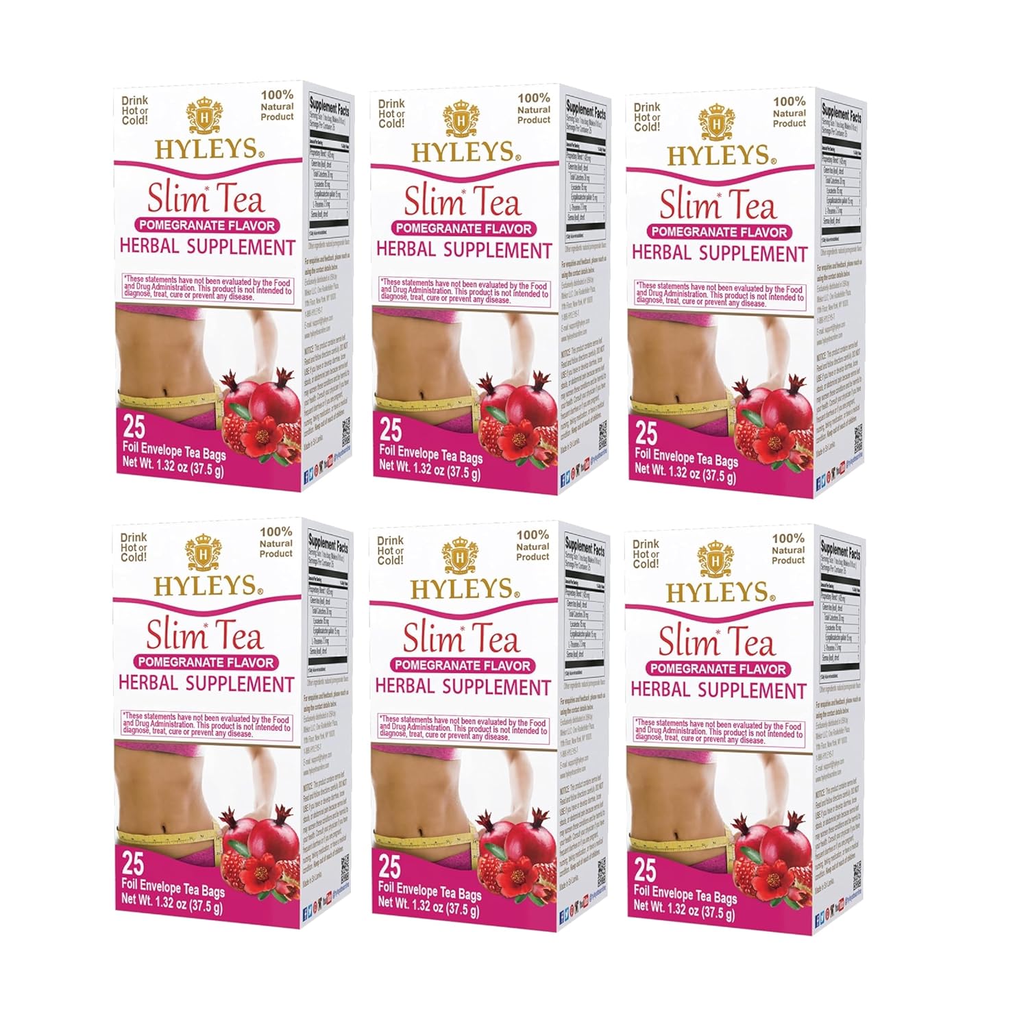 Hyleys Slim Tea Pomegranate Flavor - Weight Loss Herbal Supplement Cleanse and Detox - 25 Tea Bags (6 Pack)