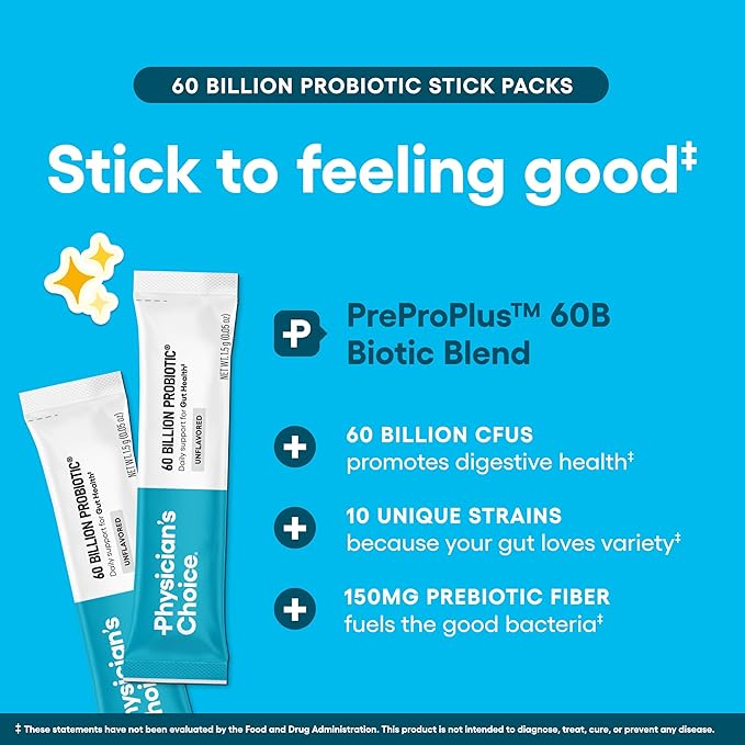 Physician’s Choice 60 Billion CFU Probiotic Stick Packs - 10 Strains + Prebiotics - Immune, Digestive & Gut Health - Supports Occasional Constipation, Diarrhea, Gas & Bloating - for Women & Men - 24CT