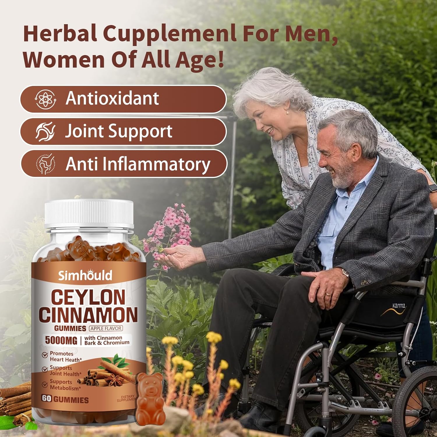 2 Pack Ceylon Cinnamon Gummies 5000MG with Ceylon Cinnamon & Cassia,Joint Support,Cinnamon Supplement & Brain Health,Vegan,Gluten-Free,Cinnamon Apple Flavor,120 Gummies.