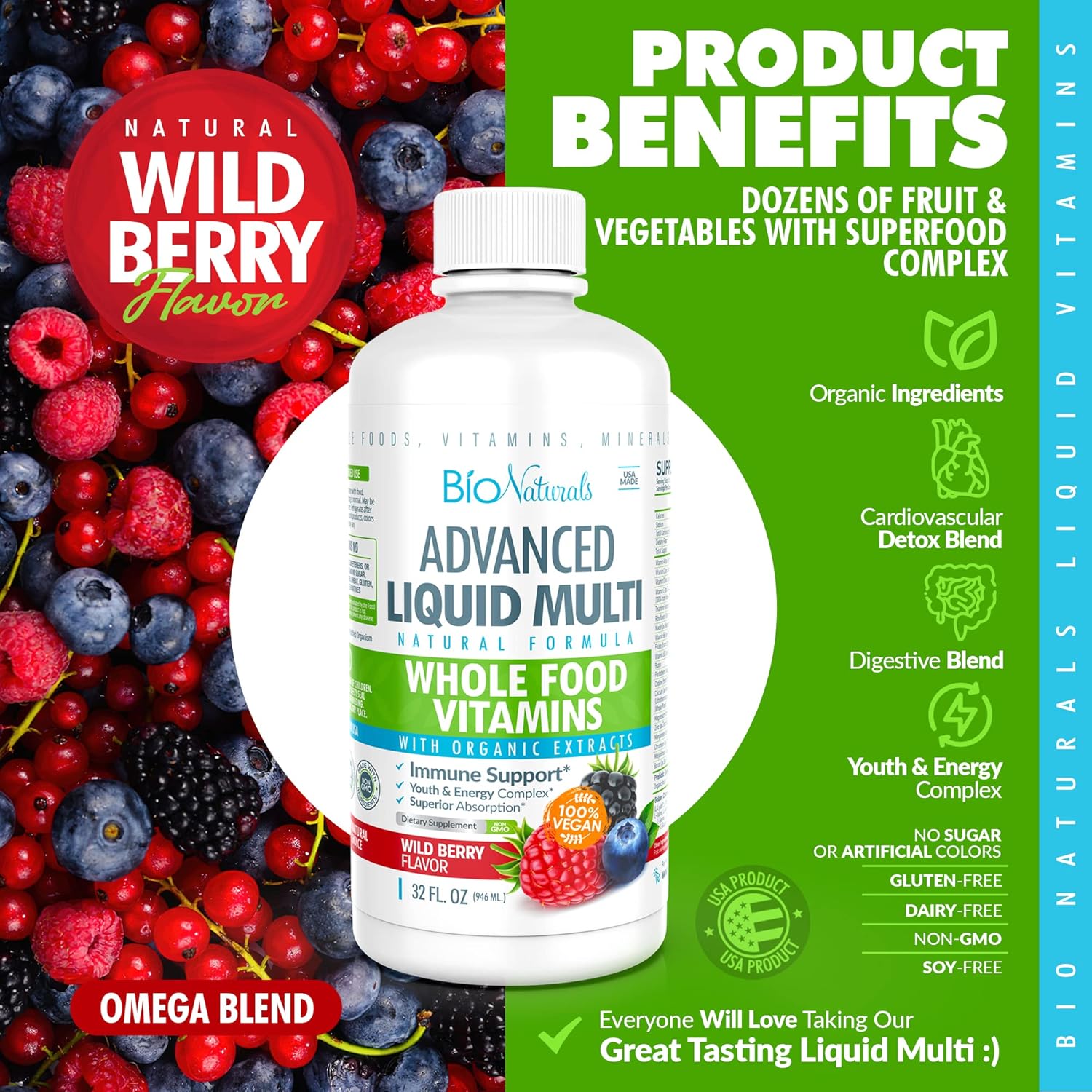 Bio Naturals Liquid Whole Food Multivitamin for Men & Women with Over 100 Ingredients - Superfoods, Omegas, Organic Extracts - 100% Vegan - 32 oz