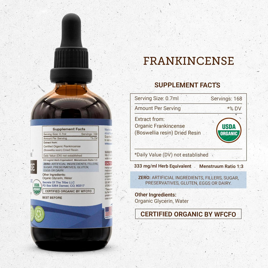 Secrets of the Tribe Frankincense Tincture USDA Organic Alcohol-Free Extract, Frankincense Boswellia Resin Positive Mood/Immune System Health (4 FL OZ)