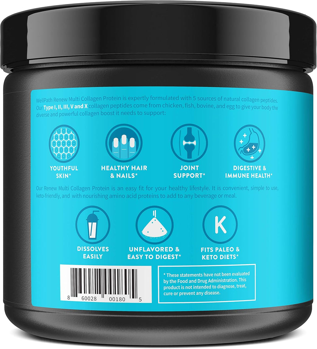 WellPath Multi Collagen Peptides Powder for Women | Renew Multi Collagen Protein for Hair, Nails, Skin | Hydrolyzed Bovine, Marine, & Chicken Sources | Types I, II, III, V, X | 11 oz | 40 Servings