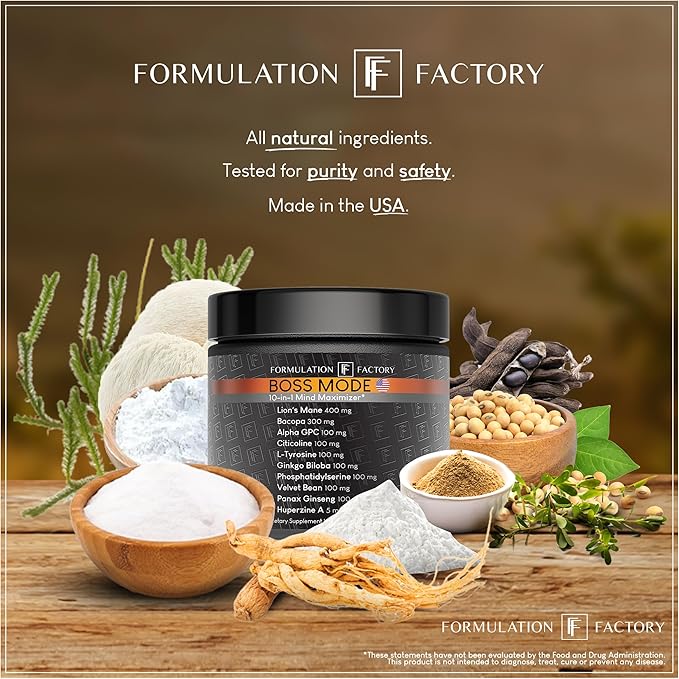Formulation Factory Boss Mode 10-in-1 Nootropic Cognitive Enhancement Supplement, Focus & Memory Booster, Featuring Lion’s Mane, Bacopa Monnieri, Alpha-GPC, Ginseng & More 360 Capsules (3 Pack)