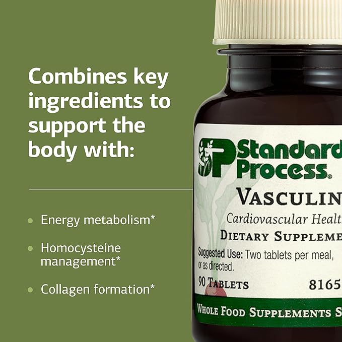 Standard Process Vasculin - Supplement for Cardiovascular & Healthy Heart Support - Supports Collagen Formation & Heart Health - Non-Dairy & Non-Soy - 90 Tablets (45 Servings)