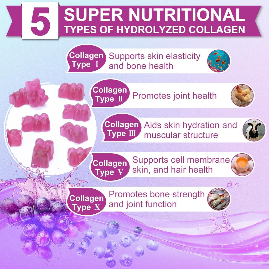 Nature's live Multi Collagen Peptides Gummies, Type I, II, III, V, X - Hydrolyzed Collagen Peptides Gummies, Supports Healthy Skin, Strong Nails & Thick Hair, Grape Blueberry Flavor, 60 Count
