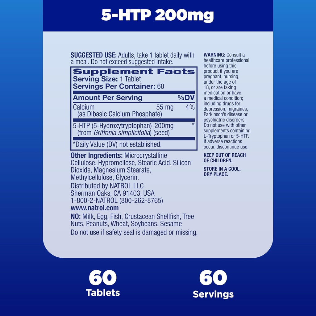 Natrol 5-HTP 200mg, Dietary Supplement Helps Support a Balanced Mood, 60 Time Release Tablets, 60 Day Supply