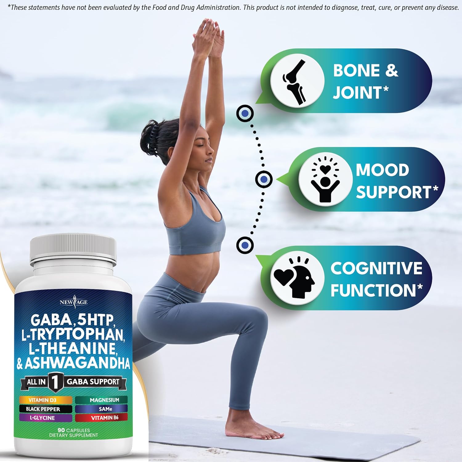 NEW AGE GABA 750mg 5 HTP 200mg L Tryptophan 500mg L Theanine 200mg Ashwagandha SAM-e L-Glycine - Vitamins for Women and Men with L-Tyrosine 5-HTP (5-Hydroxytryptophan) - 90 Count
