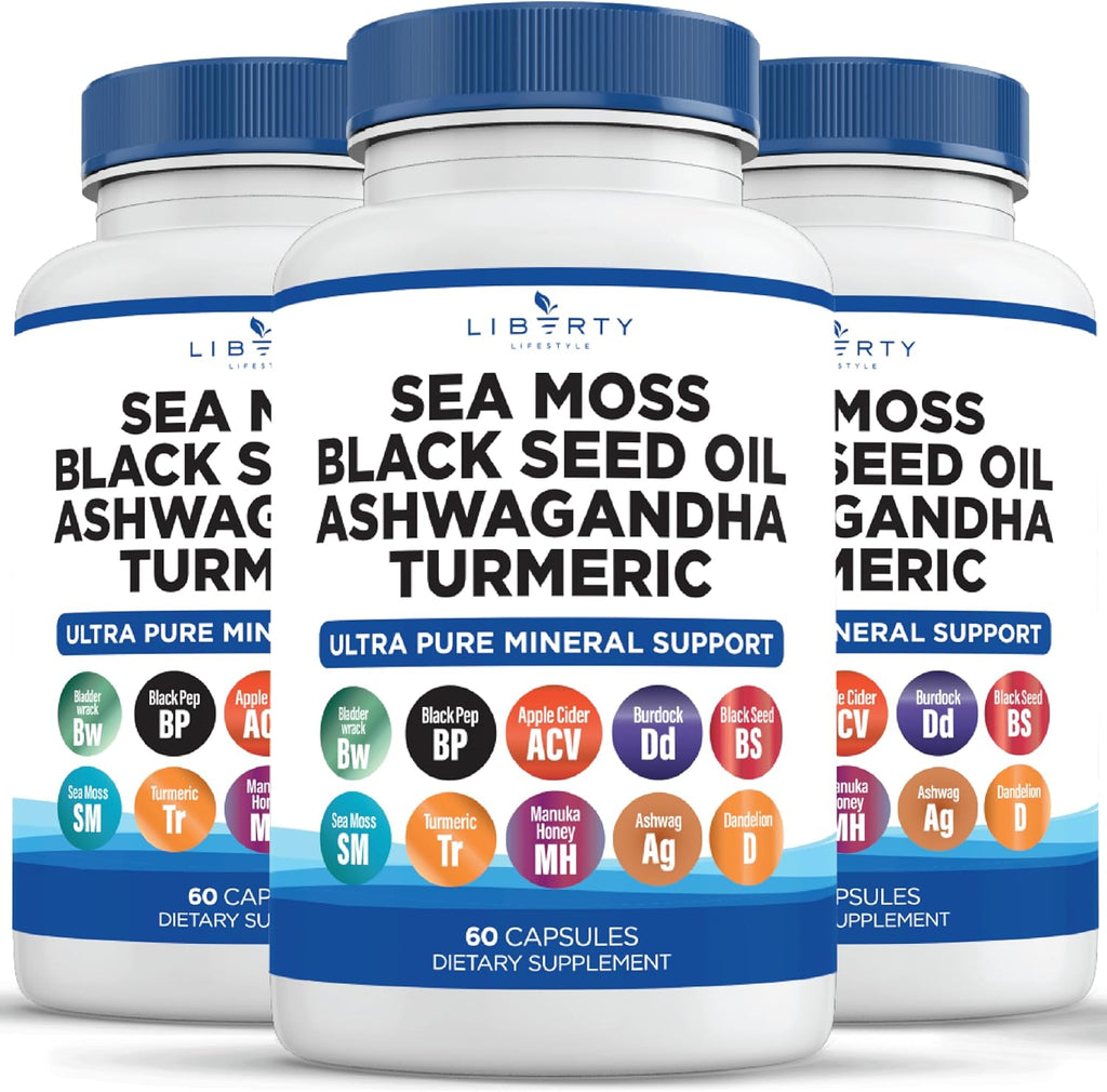 Sea Moss Black Seed Oil Ashwagandha Turmeric Bladderwrack Burdock - with Manuka, Honey Dandelion, ACV Black Pepper Gluten Free - 3-Pack
