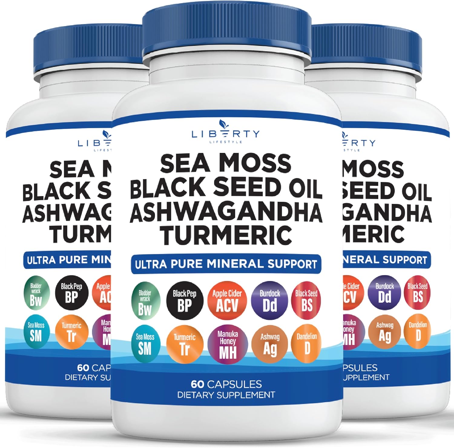 Sea Moss Black Seed Oil Ashwagandha Turmeric Bladderwrack Burdock - with Manuka, Honey Dandelion, ACV Black Pepper Gluten Free - 3-Pack