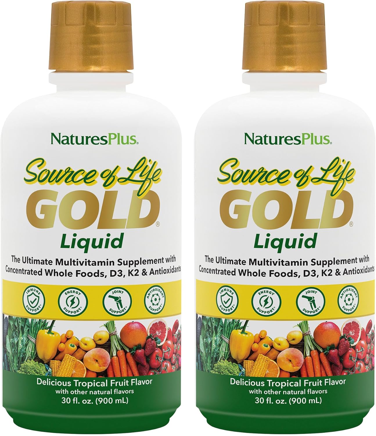 Natures Plus Source of Life Gold Multivitamin Liquid - 30 fl oz - Includes Vitamins D3, B12, K2 & Over 120 Whole Food Nutrients - 60 Total Servings - Pack of 2
