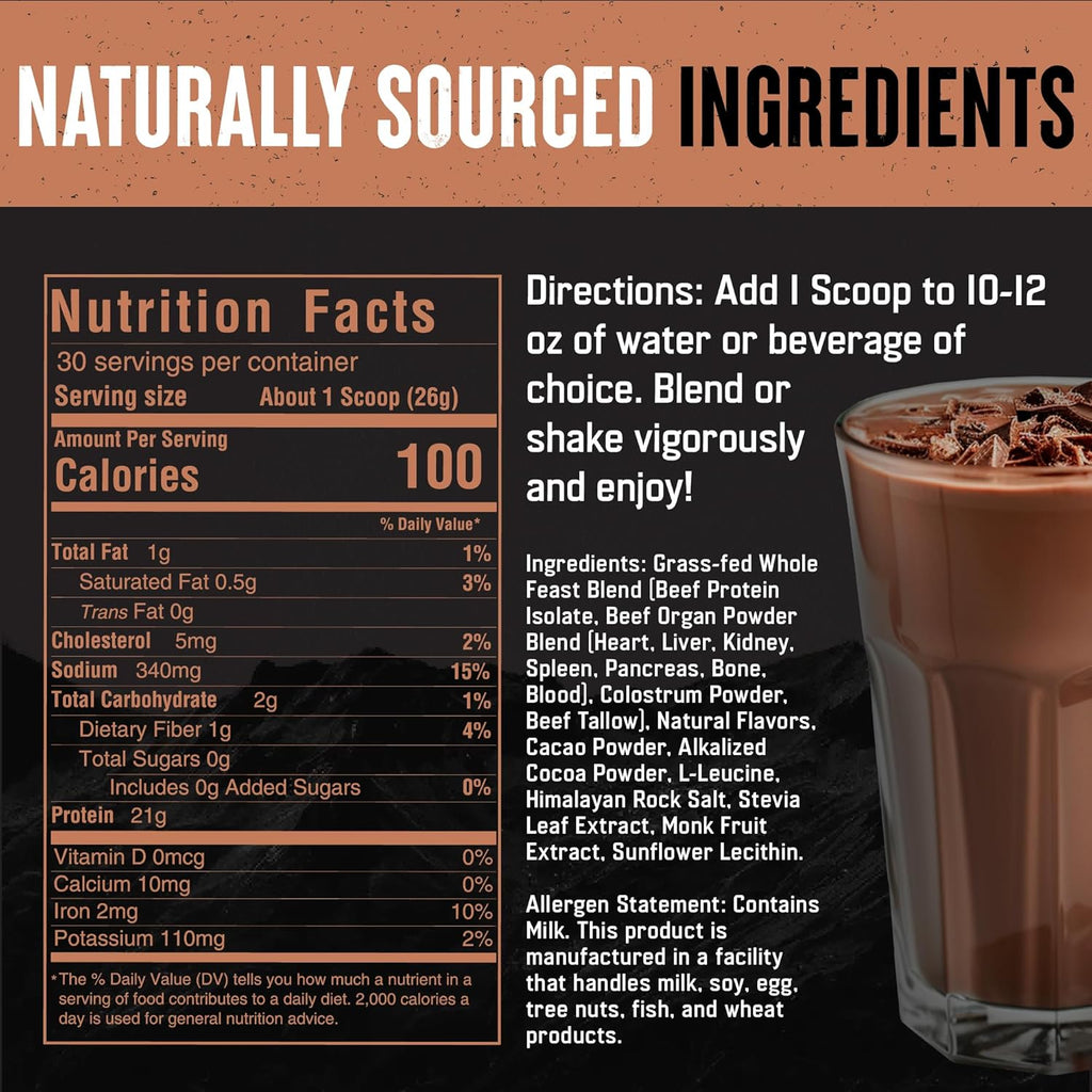 The Fittest Whole Feast Beef Protein Powder - Milk Chocolate - Grass Fed Nose to Tail Carnivore Blend Including Liver, Colostrum and Whole Bone - BCAAs - 14g Collagen, 21g Total Protein