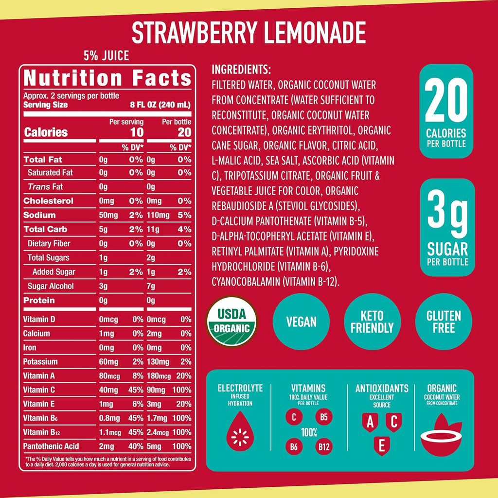 ROAR Complete Hydration Organic - Electrolyte Drinks Loaded with Vitamins C, B5, B12 - Non-GMO, Gluten-Free - Strawberry Lemonade - 12 pc