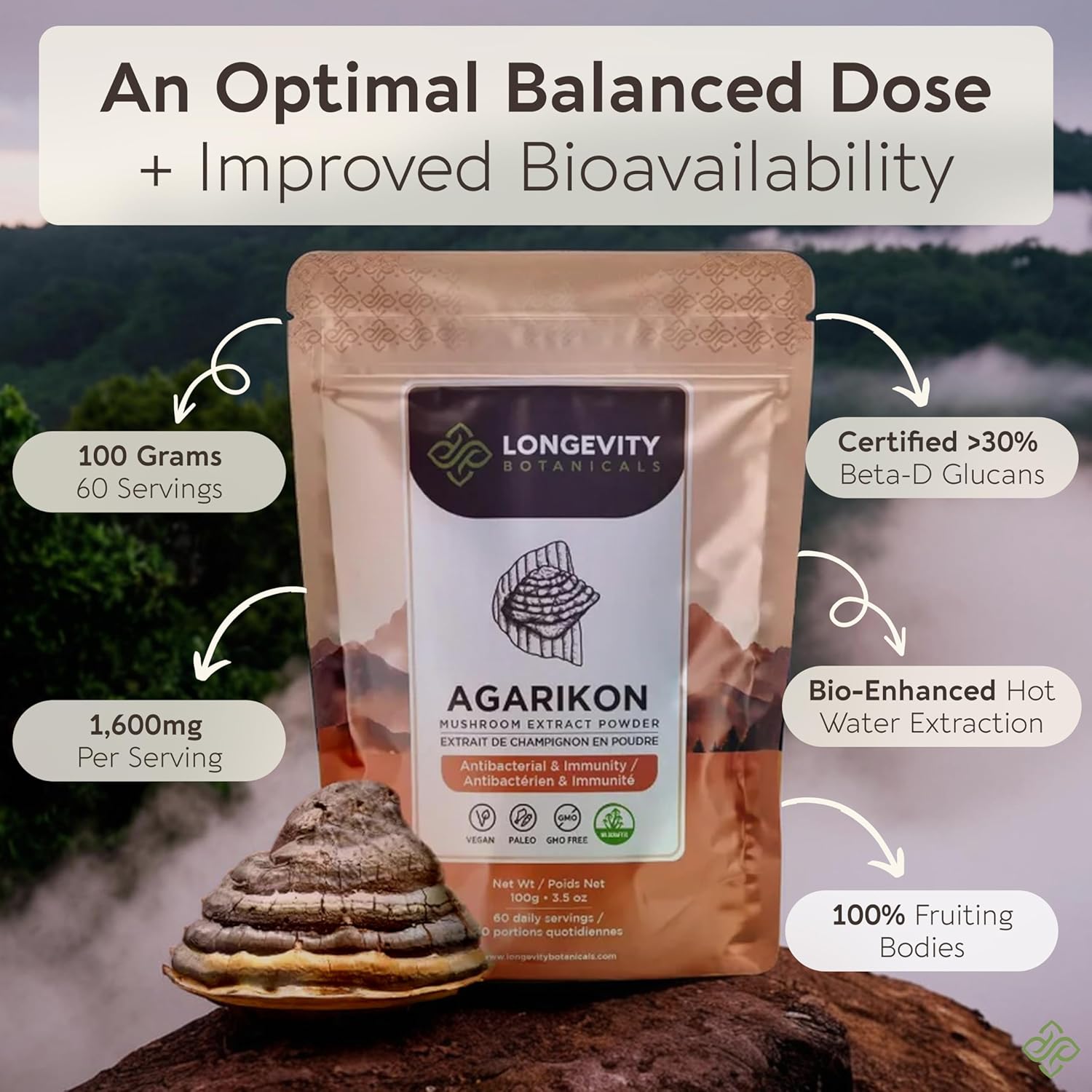 Agarikon Mushroom Powder Supplement 100g | Pure Fruiting Body 10:1 High Strength Extract | 30% Beta-D Glucans | 16,600mg Raw Equivalent Per Serving | Immune, Respiratory & Antioxidant Support