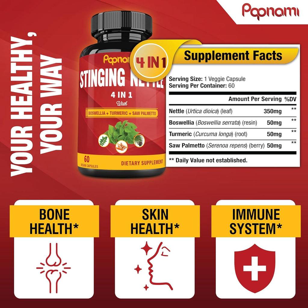 Stinging Nettle Extract Capsules with Boswellia, Turmeric & Saw Palmetto - 2 Month Supply for Joint, Body Management, Skin, Hair & Immunity