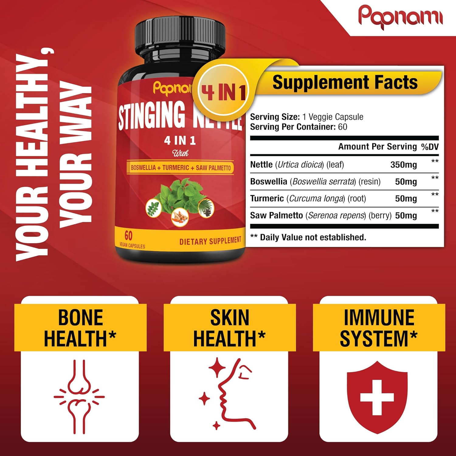 Stinging Nettle Extract Capsules with Boswellia, Turmeric & Saw Palmetto - 2 Month Supply for Joint, Body Management, Skin, Hair & Immunity