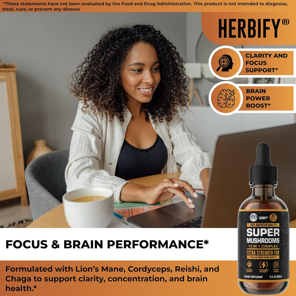 Mushroom Supplement - Lions Mane Reishi Cordyceps Chaga Turkey Tail Inulin & More Mushrooms For Immune Support, Energy - Premium Nootropic Brain Supplements For Memory And Focus - Made in USA 2 FL Oz