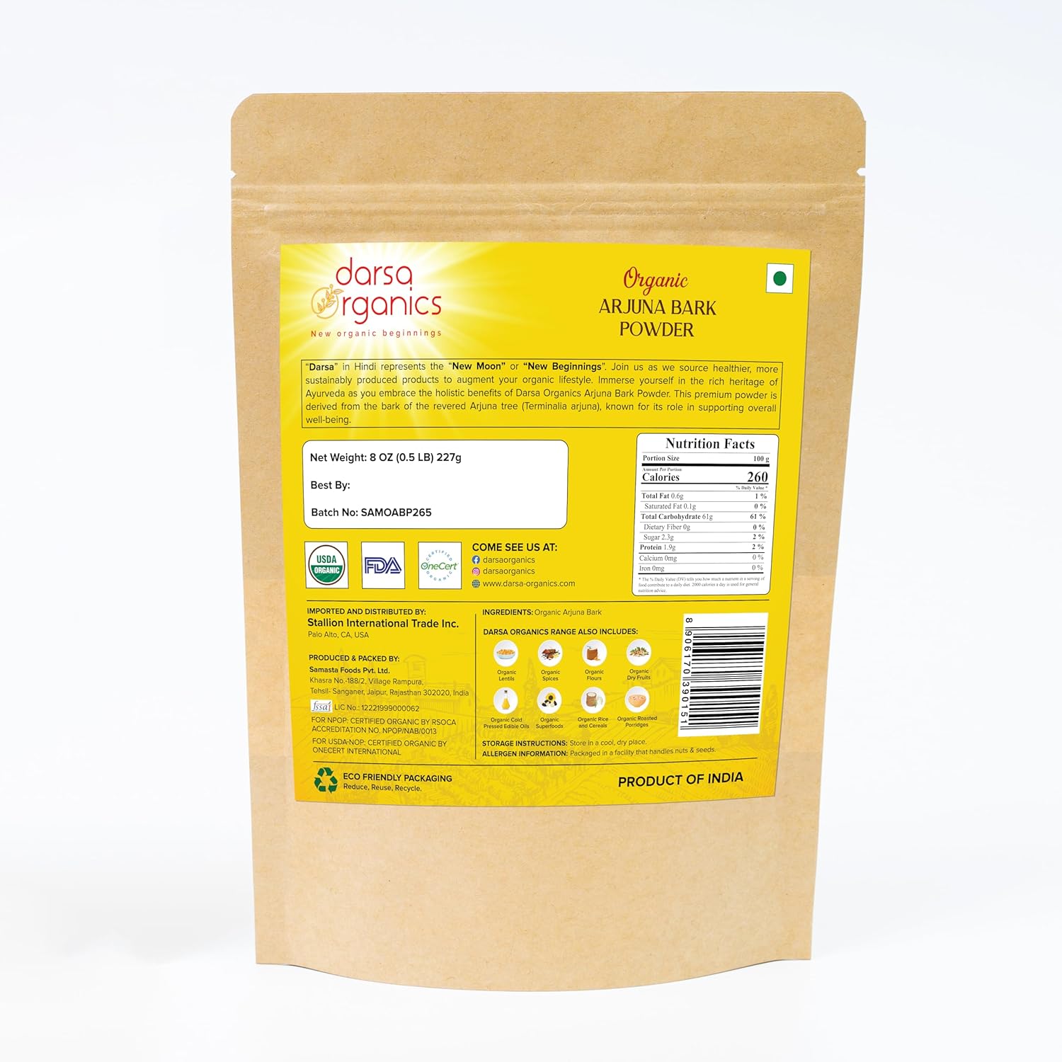 Arjuna Powder, 8 oz - USDA Organic Terminalia Arjuna for Cardiovascular Support, Heart Health and Blood Pressure Maintenance, Arjuna Bark Powder, Non-GMO, Gluten-Free, Kosher