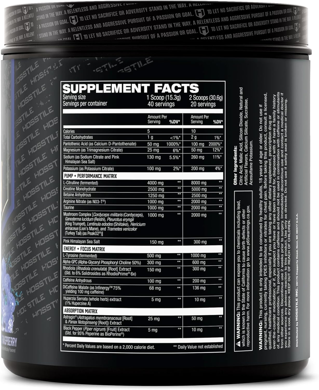 HOSSTILE Hosstility V2 Pre Workout, All-in-One Pre Workout Powder for Men and Women, Enhance Muscle Pump, Increase Energy, Boost Strength, Sharpen Focus, Blue Raspberry, 40/20 Servings