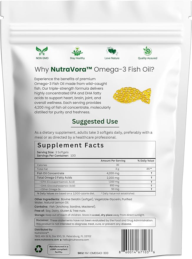 Triple Strength Omega-3 Fish Oil – 4200 mg Per Serving with 1300 mg EPA + 850 mg DHA – Lemon Flavor Burpless Formula – Wild-Caught, Non-GMO, Gluten-Free – 300 Softgels