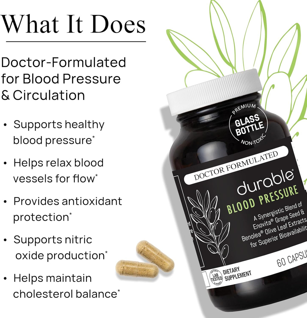 Durable Blood Pressure – Benolea Olive Leaf & Enovita Grape Seed Extract – Healthy Circulation, Nitric Oxide & Artery Support – Doctor Formulated, Vegan, Non-GMO, Made in USA (60 Capsules)