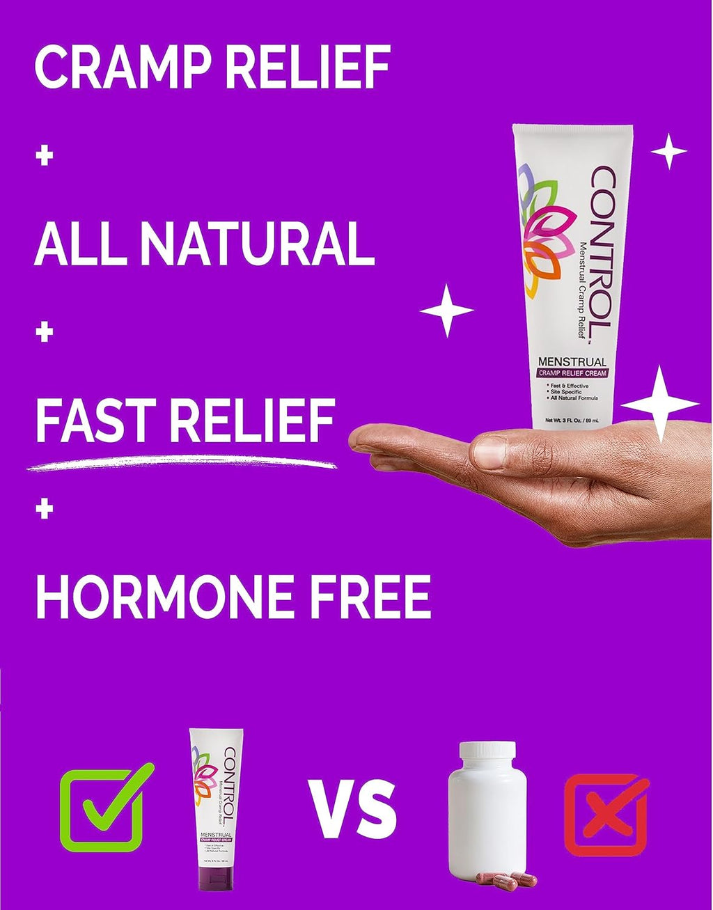 CONTROL, Menstrual Cramp Relief Cream, Topical Pain Relief for Period Cramps and PMS, Period Relief Products, Fast and Effective, Easy to Use, Safe for All Ages, Hormone Free, All Natural, 3 oz Tube.