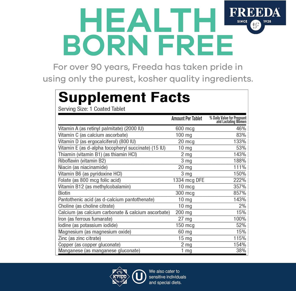 FREEDA Prenatal Vitamin - Kosher Prenatals - Prenatal Vitamins with Iron, Prenatal Folic Acid, Choline, Vitamin D - One Daily Pre Natal Multivitamin Support for Pregnant & Lactating Women (100)