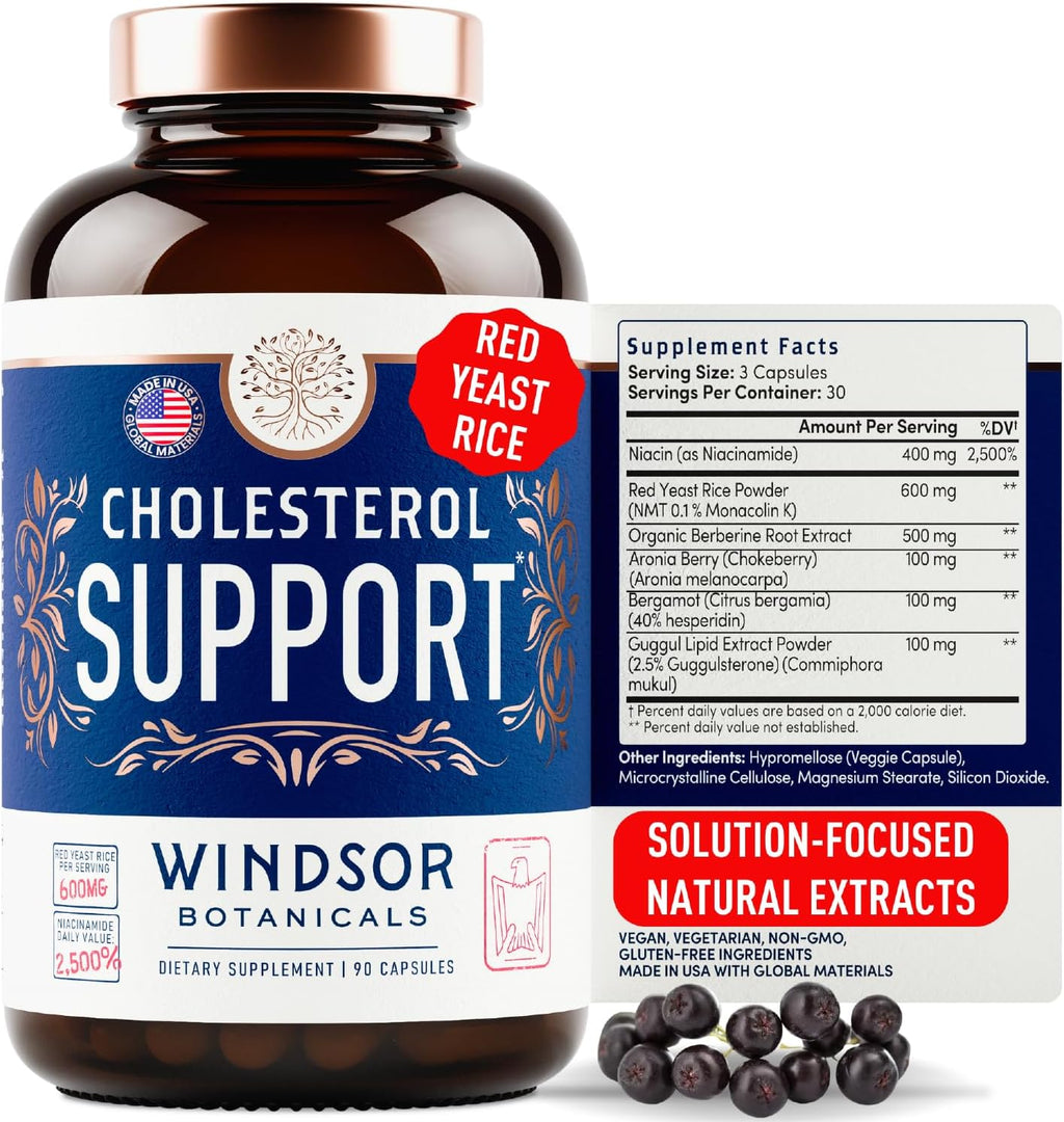 WINDSOR BOTANICALS Cholesterol Supplements - Citrus Bergamot, Niacin, Red Yeast Rice, Berberine, Aronia Berry Extract to Support Normal HDL and LDL Cholesterol Levels - 90 Vegan, Non-GMO Capsules