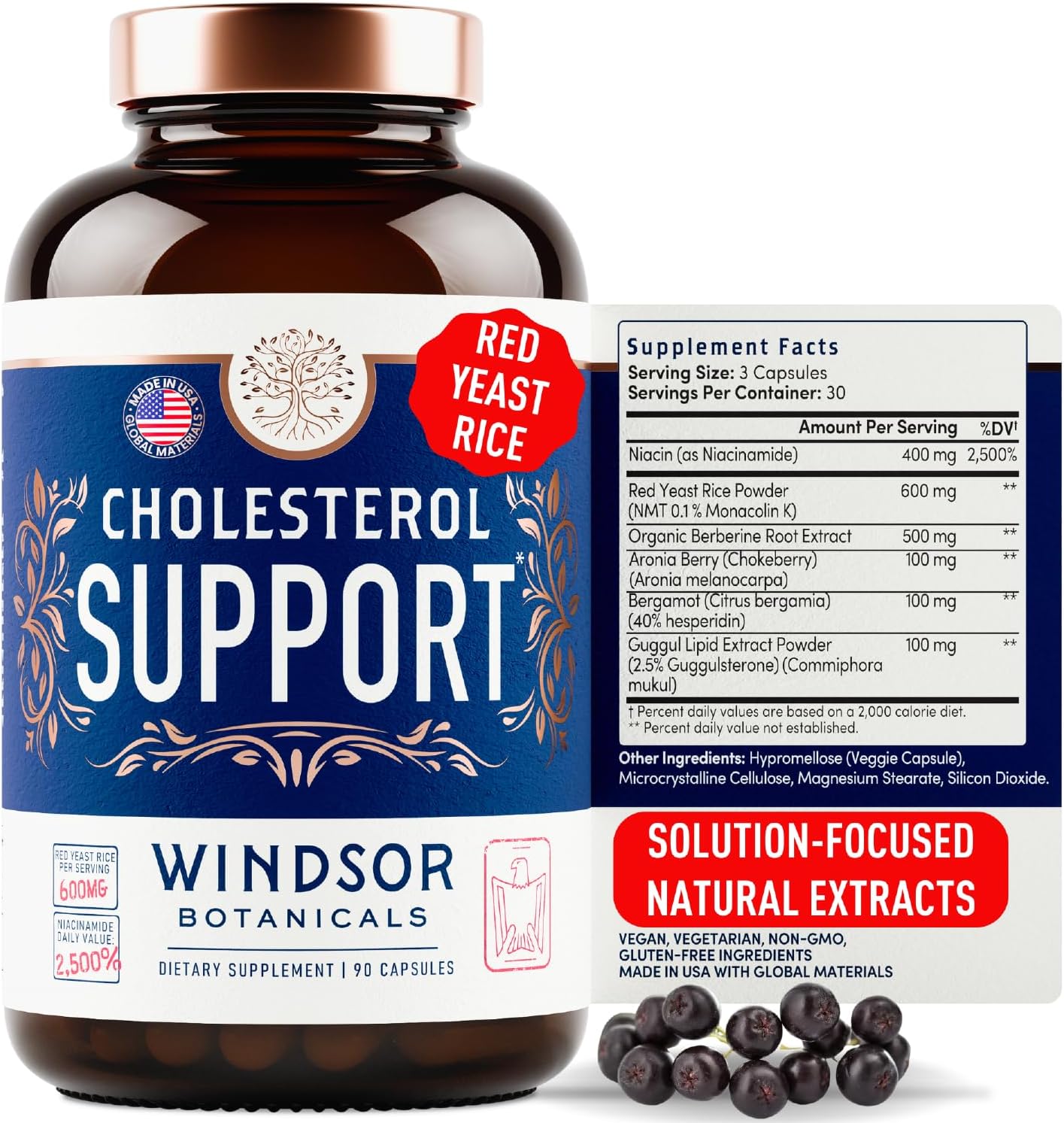 WINDSOR BOTANICALS Cholesterol Supplements - Citrus Bergamot, Niacin, Red Yeast Rice, Berberine, Aronia Berry Extract to Support Normal HDL and LDL Cholesterol Levels - 90 Vegan, Non-GMO Capsules