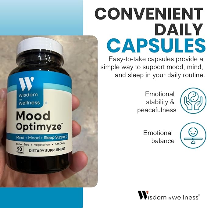 Wisdom In Wellness Mood Optimyze - 90 Mood Support Supplement Capsules - Soothing Support Supplement - Mind, Sleep & Mood Support Pills - Gluten Free & Non GMO Wellness and Relaxation Supplement