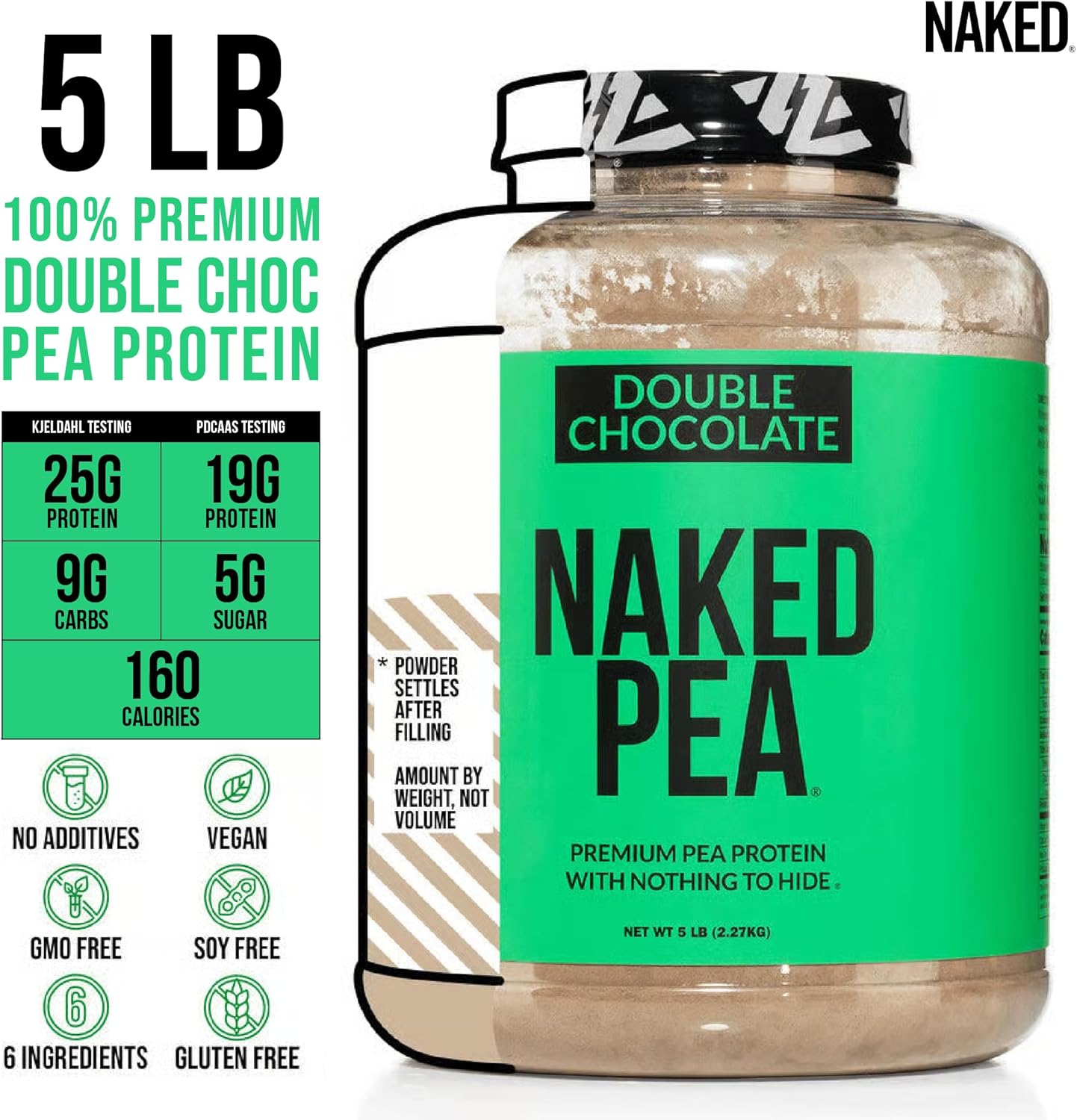 NAKED Pea - Double Chocolate Protein from US & Canadian Farms, Organic Cocoa, Organic Coconut Sugar - No GMO, No Soy, and Gluten Free, Aid Growth and Recovery - 53 Servings