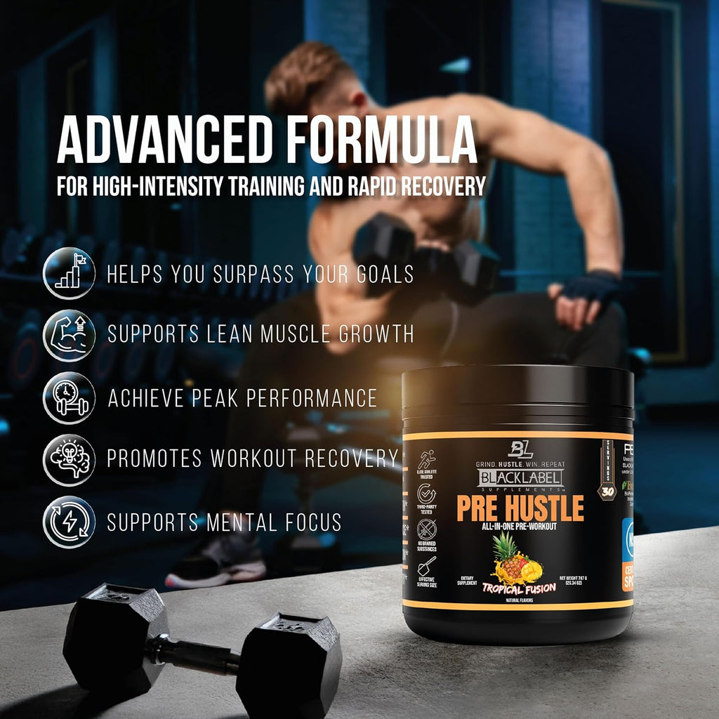 BLACKLABEL Supplements PRE Hustle V3 Pre-Workout Powder – NSF Certified for Sport – Energy, Strength & Endurance Support – Tropical Fusion Flavor – with Creatine & Caffeine – 30 Servings