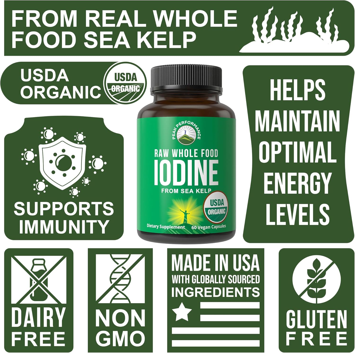 USDA Organic Raw Whole Food Iodine Supplement from Organic Kelp (Ascophyllum Nodosum). Potassium Iodide Support Tablets Alternative. for Thyroid, Energy, and Immune Support. 60 Vegan Capsules, Pills
