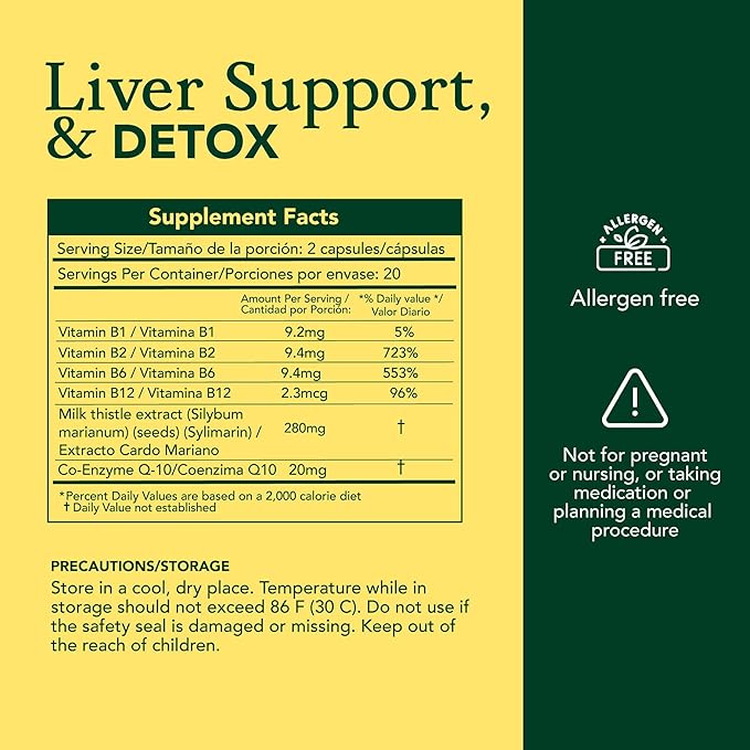 Vall-Hepalive - Liver Support Supplement - 40 Capsules - Milk Thistle & B-Complex Vitamins with CoQ10 Antioxidant Formula - Allergen-Free Daily Liver Health Support