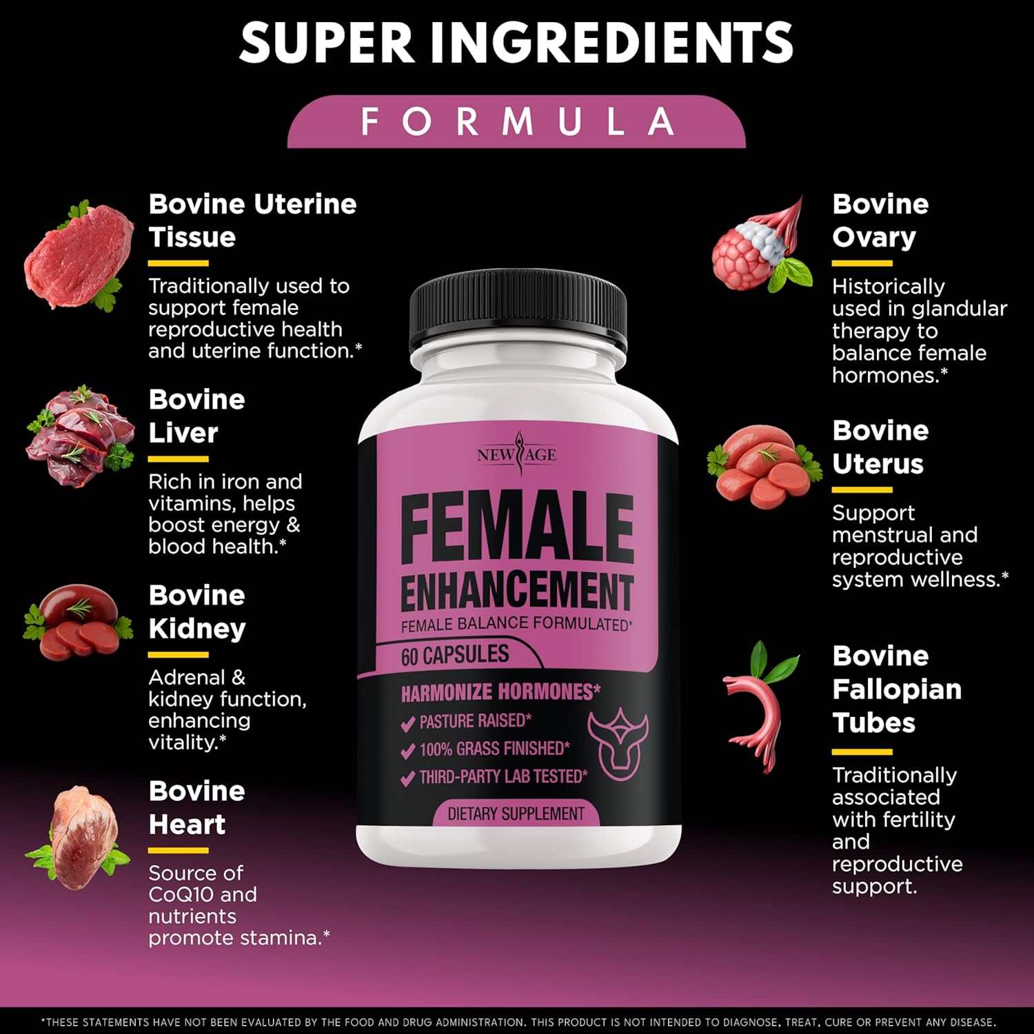 NEW AGE Beef Organ Supplement for Women – Supports Hormone Balance, Energy & Wellness – Pasture Raised Superfood – Liver, Heart, Kidney, Uterine Tissue – Ovary, Uterus, Fallopian Female Support-180