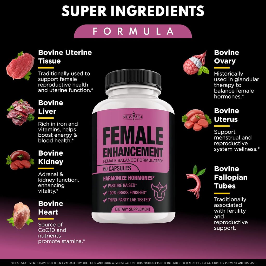 NEW AGE Beef Organ Supplement for Women – Supports Hormone Balance, Energy & Wellness – Pasture Raised Superfood – Liver, Heart, Kidney, Uterine Tissue – Ovary, Uterus, Fallopian Female Support -60