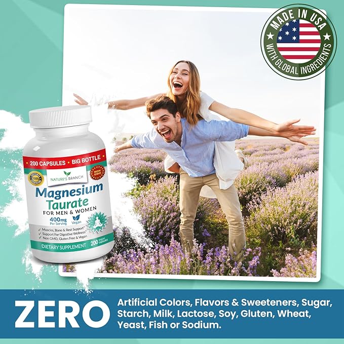 Magnesium Taurate 400mg | High Absorption | 200 Capsules for Sleep, Heart Health, Calm, Joint Supplement for Women and Men - Made in USA, Pure Elemental Mag Powder Plus Taurine - Extra Strength Pills
