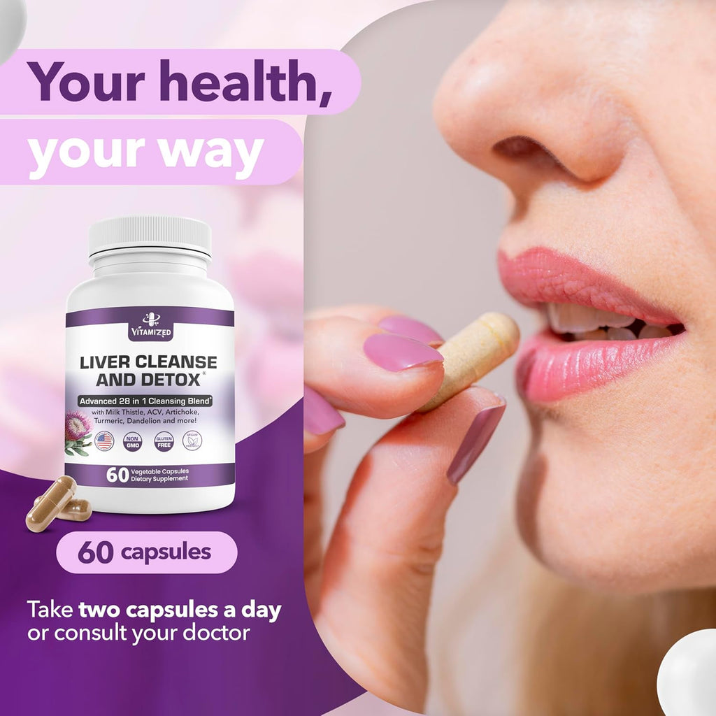 Liver Cleanse Detox & Repair Fatty Liver Supplements 28-in-1 Advanced Herbal Liver Health Supplement Formula - Milk Thistle Silymarin, Artichoke Extract, Dandelion & Apple Cider Vinegar - 60 Pills
