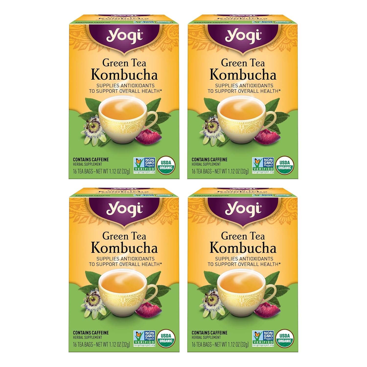 Yogi Tea Green Kombucha Tea - 16 Bags per Pack (4 Packs) - Organic - With Kombucha to Support Overall Health - Includes Lemongrass, Spearmint Leaf & More