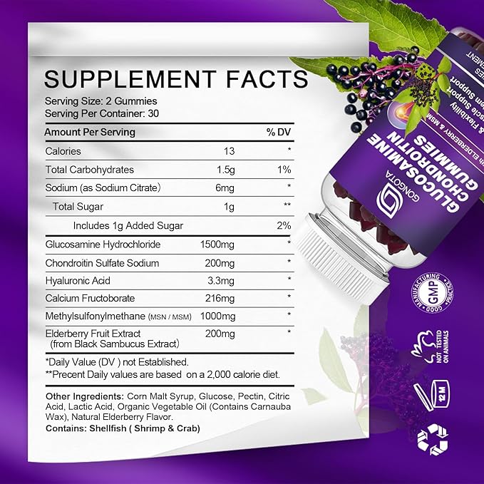 Glucosamine Chondroitin Gummies - 2- Pack, Extra Strength 1500mg Glucosamine with MSM & Elderberry, Flexibility Support, Best Cartilage & Immune Support Supplement for Men and Women - 60count (1 Pack)