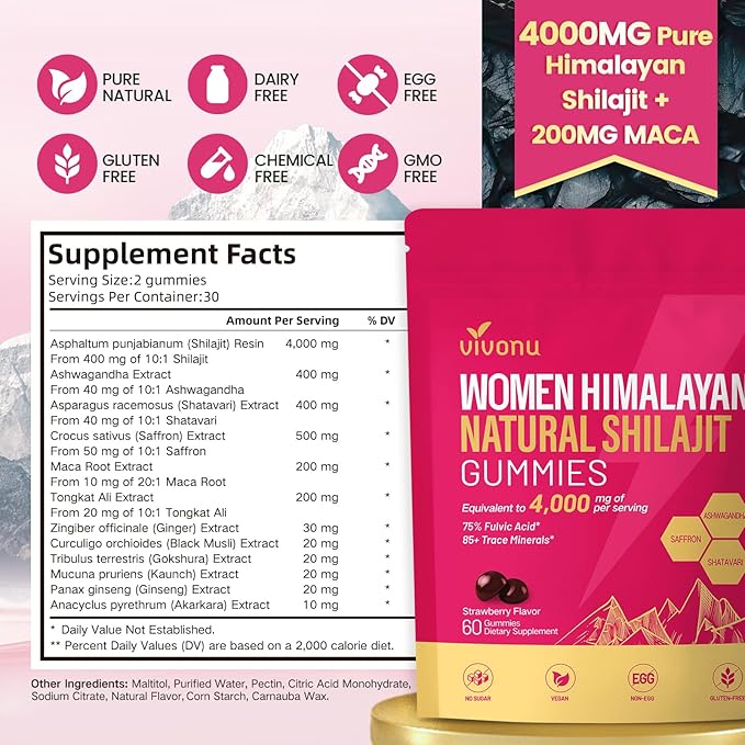 Shilajit for Women Gummies, micronutrient Supplement, Pure Himalayan Shilajitn, Contains Tongkat Ali, Ashwagandhaa, Turmeric, Saffron for hormonal Balance & Energy | Strawberry Flavor (120 Gummies)