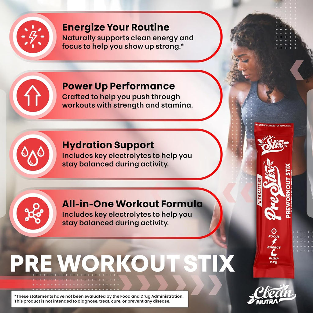 Clean Nutraceuticals Pre Workout Powder Energy Sticks - Caffeine 100mg, Energy Drink Mix, Creatine Monohydrate, Beta Alanine, L-Citrulline, L-Tyrosine, L-Carnitine, Electrolyte Hydration Packets 20 Ct