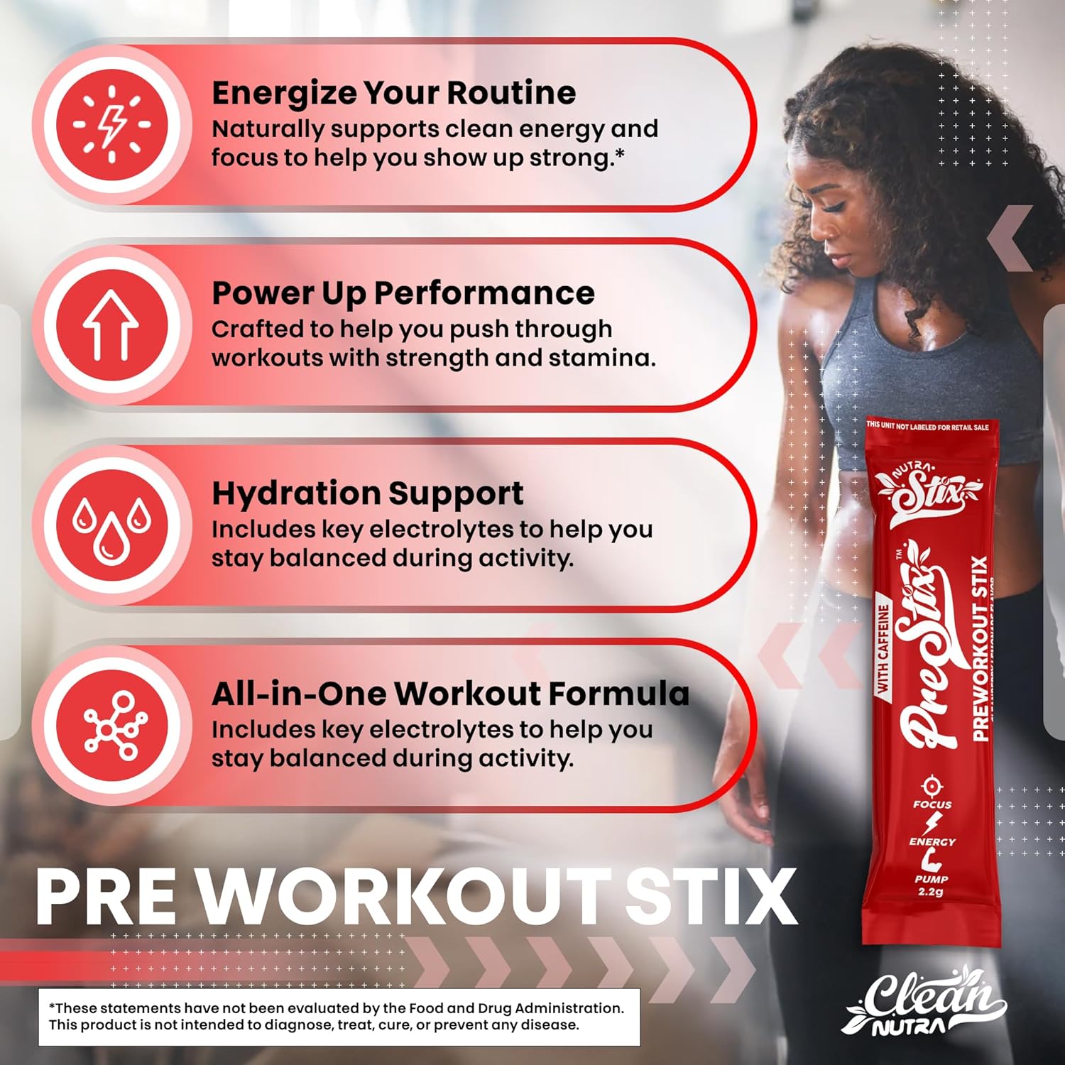 Clean Nutraceuticals Pre Workout Powder Energy Sticks - Caffeine 100mg, Energy Drink Mix, Creatine Monohydrate, Beta Alanine, L-Citrulline, L-Tyrosine, L-Carnitine, Electrolyte Hydration Packets 20 Ct